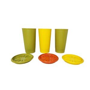 Vintage Set Of  3Tupperware Harvest Tumblers Cups W/ Coasters